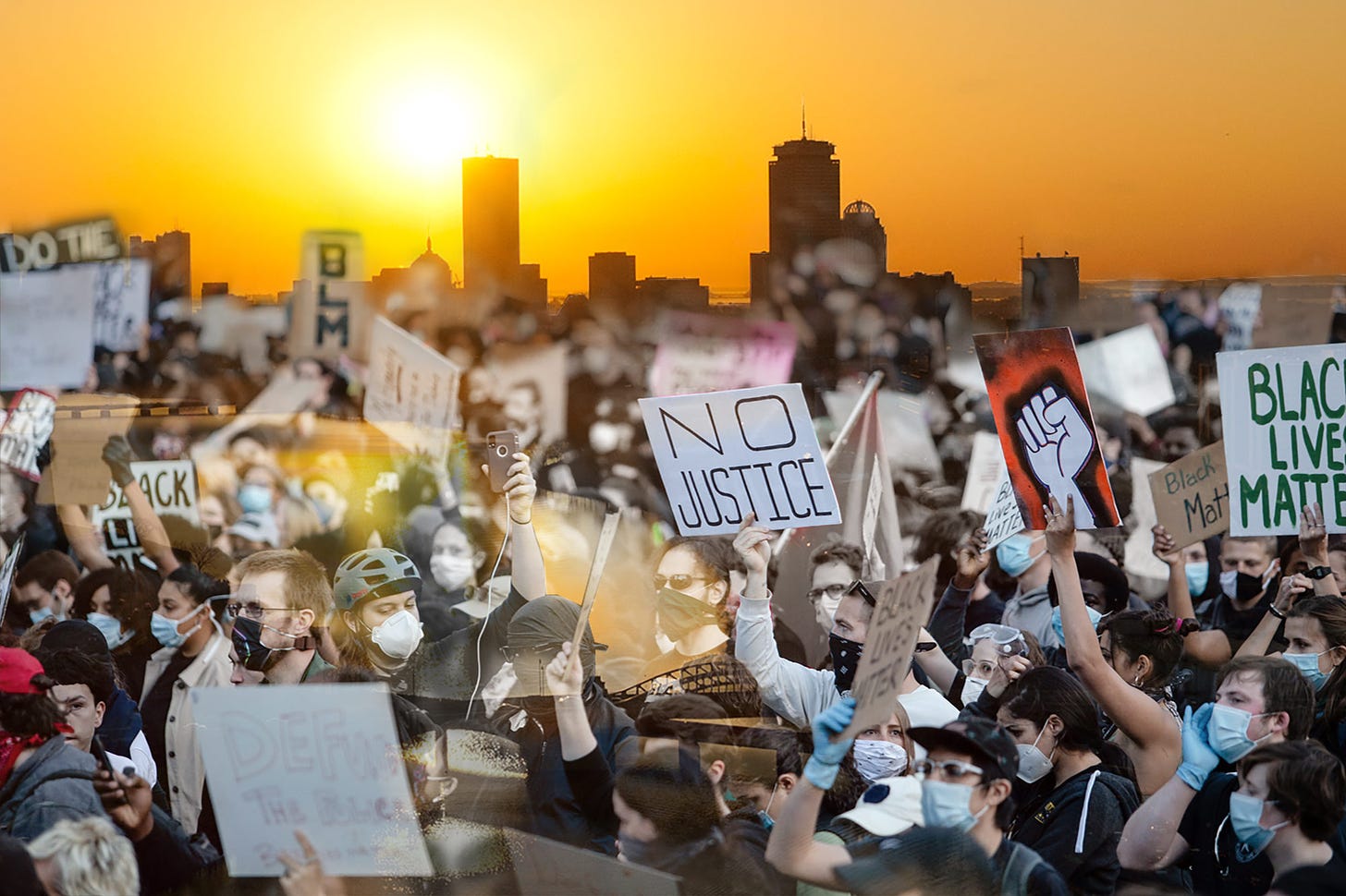 Photo of Boston protests in June 2020, screened over a photo of a sunrise of the Boston city skyline. Protesters hold signs such as "No Justice" and "BLM"