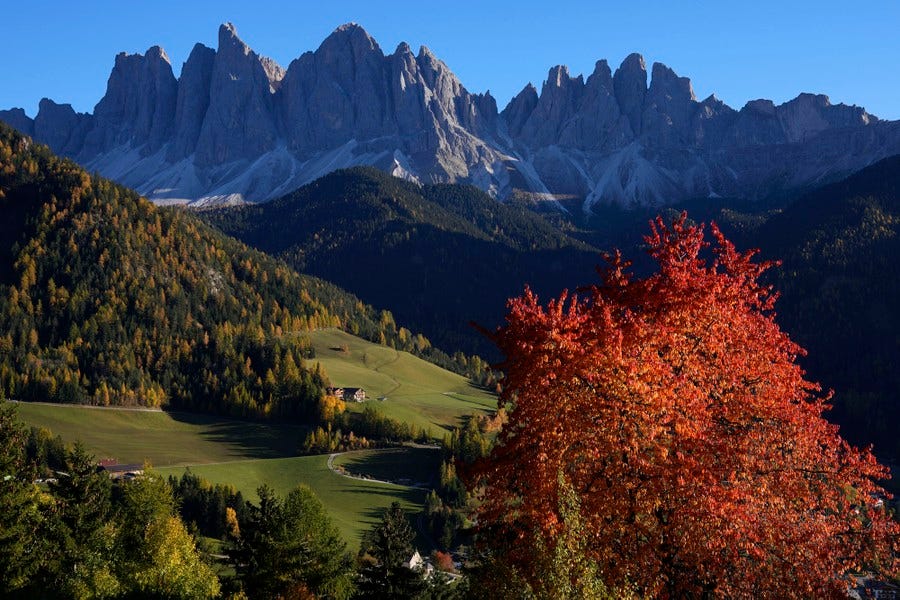 Steep stone mountains stand in the backdrop of a landscape image, including foothills and trees, both evergreen and autumn-colored deciduous.
