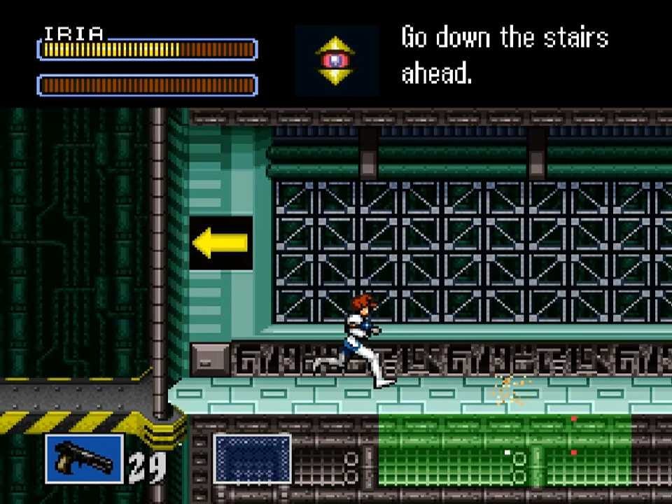 A screenshot of Bob telling Iria to go down the stairs to head toward her goal.