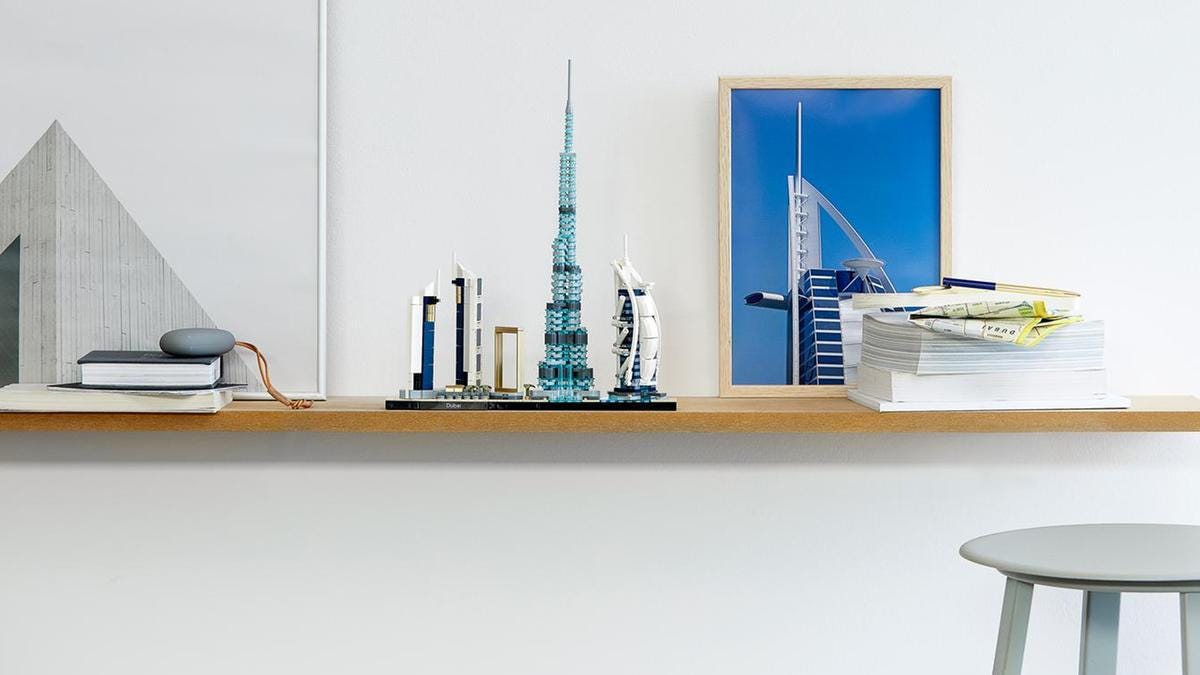 The Dubai skyline has been recreated as a 740-piece Lego set that includes the Burj Khalifa, Jumeirah Emirates Towers, the Dubai Fountain and Dubai Frame. Courtesy Lego 
