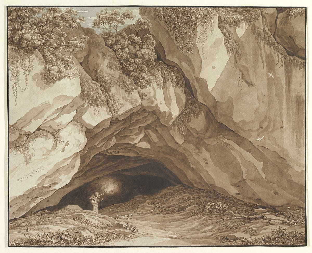 Rocky Landscape with Hunters, Johann Christian Reinhart (German, Hof 1761–1847 Rome), Pen and brown ink, brush and brown and gray wash; framing line in black ink 