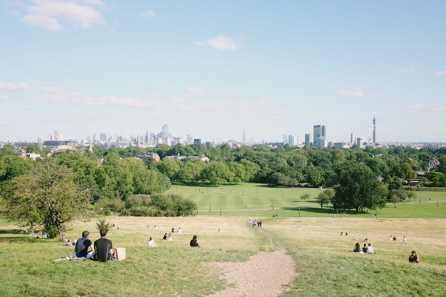 A blue-sky day on top of a hill looking out over the skyline of London. The view is from Primrose Hill in the west, looking south-east. Regent's park sits below the city buildings, covered in green trees. In the foreground the hill itself is a burnished late-summer gold, and people sit in pairs or small groups looking out at the vista.