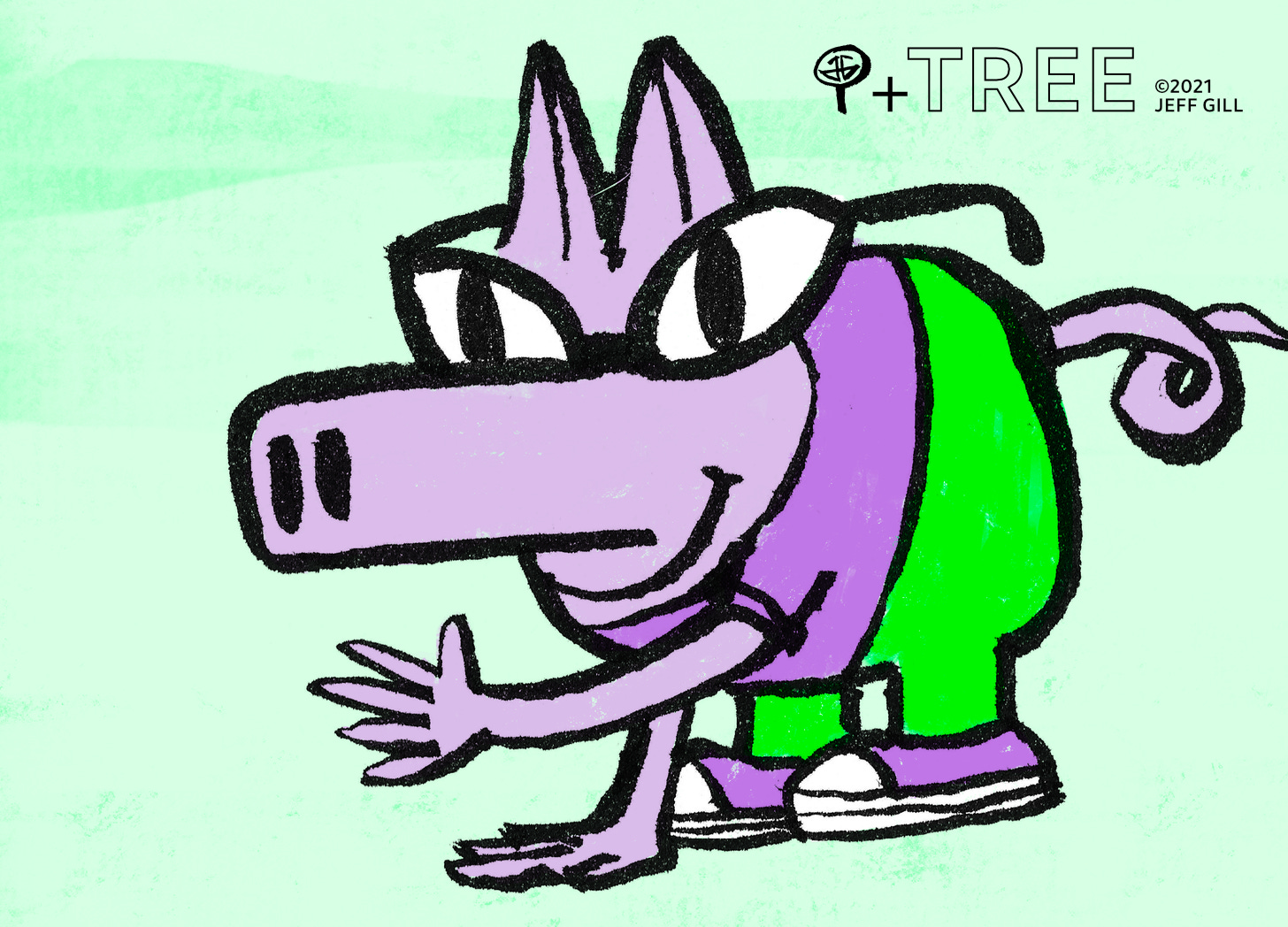 An illustration of a pig. The pig is wearing cat’s eye glasses, a lavender shirt, bright green trousers and low top Converse All Stars. He has human hands, one of which is extended as if to shake hands with someone’. The other is in its expected place on the floor.