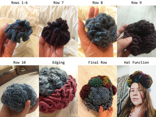 A brain-shaped crochet ball gets more and more ruffled. In the final step, it’s the size of an actual human brain and someone is wearing it as a hat.