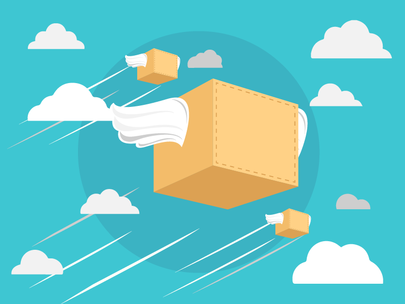 Decorative illustration - a box with wings flying through the sky with clouds.
