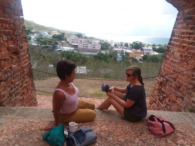 Me interviewing Ana Elisa Pérez Quintero at the Fortin Conde del Mirasol on Vieques in April.