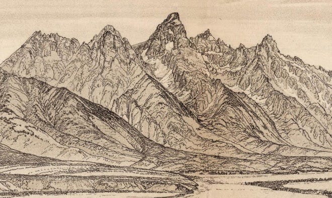 Wyoming's majestic Teton Range have been milked by white men since shortly after this picture of them was drawn in 1871.