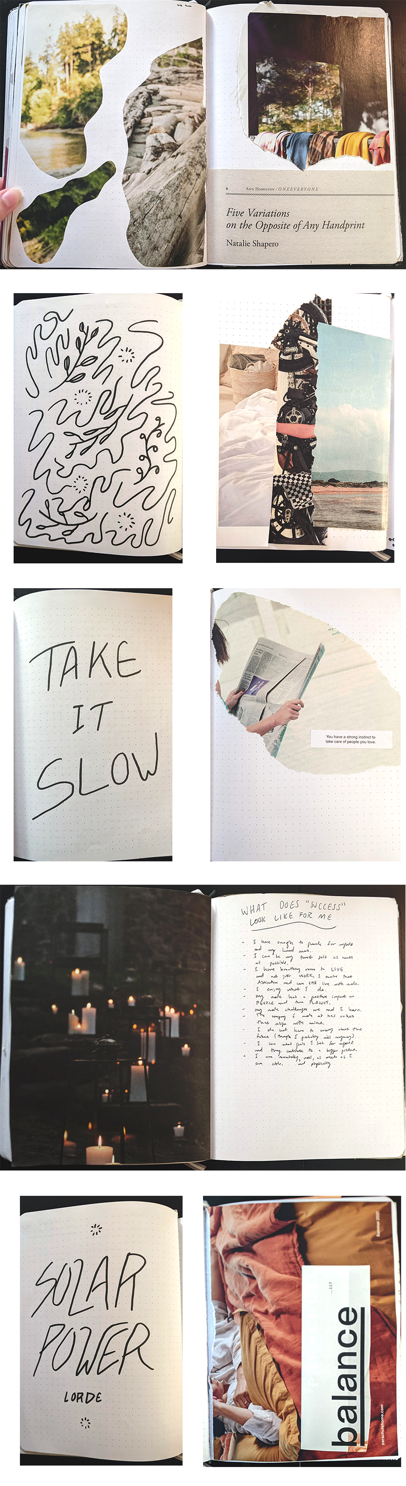 journal pages, including collages of nature photos, drawings of plants, and the words "take it slow" and "solar power"