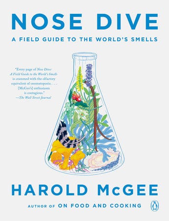 Book cover for Nose Dive: A Field Guide to the World's Smells, featuring a drawing of an erlenmeyer flask containing a bunch of nature