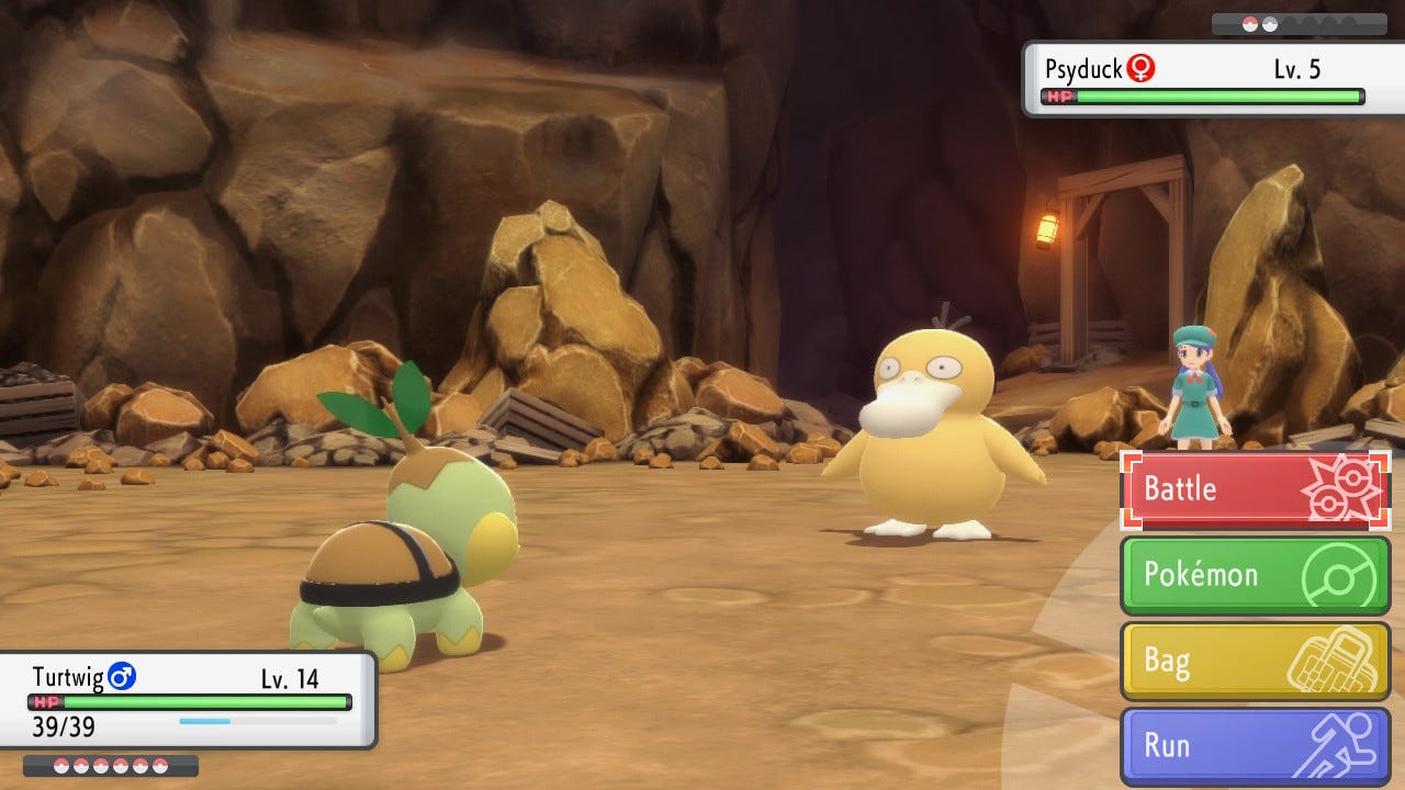 A screenshot of a Pokémon battle in Pokémon Brilliant Diamond, in which Avery's Level 14 Turtwig is fighting a Level 5 Psyduck. The options are Battle, Pokémon, Bag, and Run.
