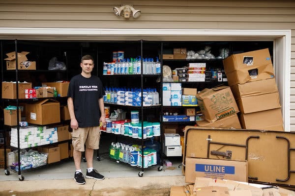 An Amazon merchant, Matt Colvin, with an overflow stock of cleaning and sanitizing supplies in his garage in Hixson, Tenn.