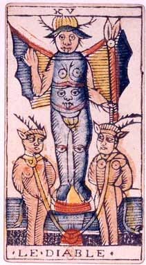 An illustrated Devil stands over two figures bound by rope or chain