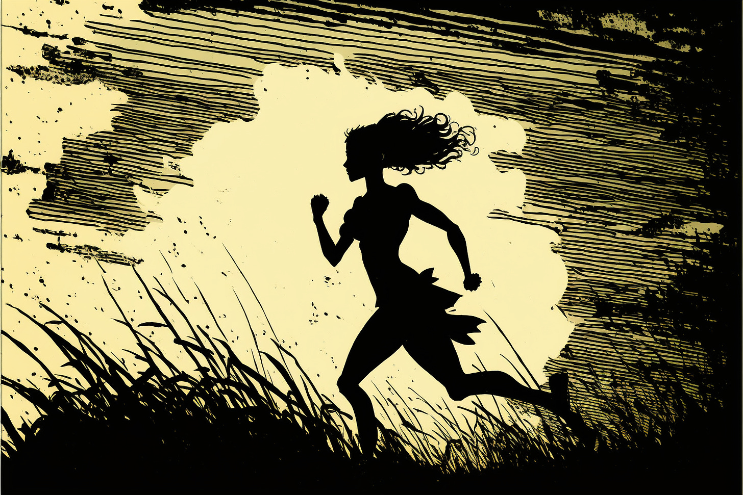 silhouette of a woman running through a field, graphic novel 