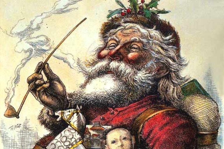 An old illustration of a festive, magical, god-like Santa