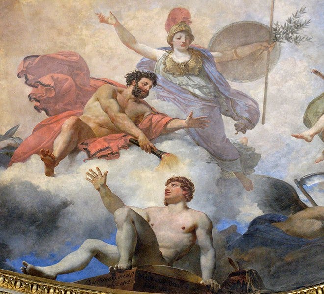 Prometheus creating man in the presence of Athena.