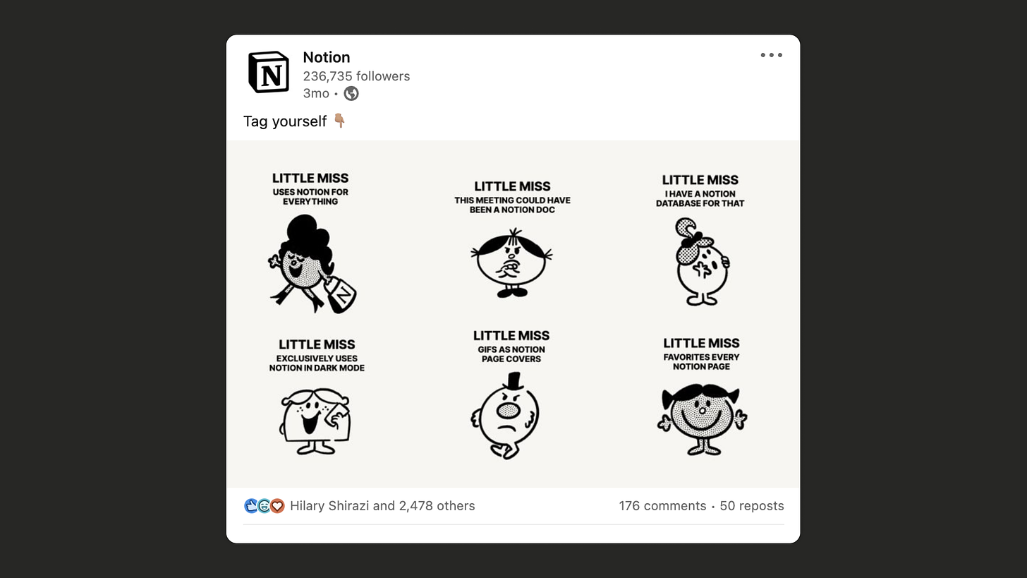 Screenshot of a Notion LinkedIn post of the team participating in the "little miss" trend.