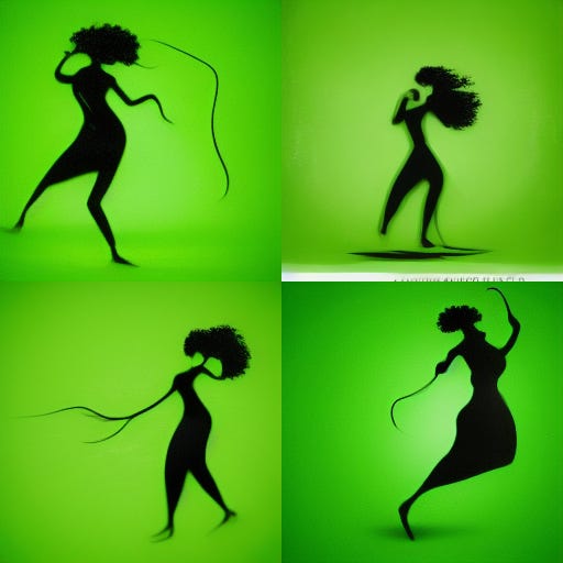 black silhouette or a woman dancing, wearing white earphones, bright green background