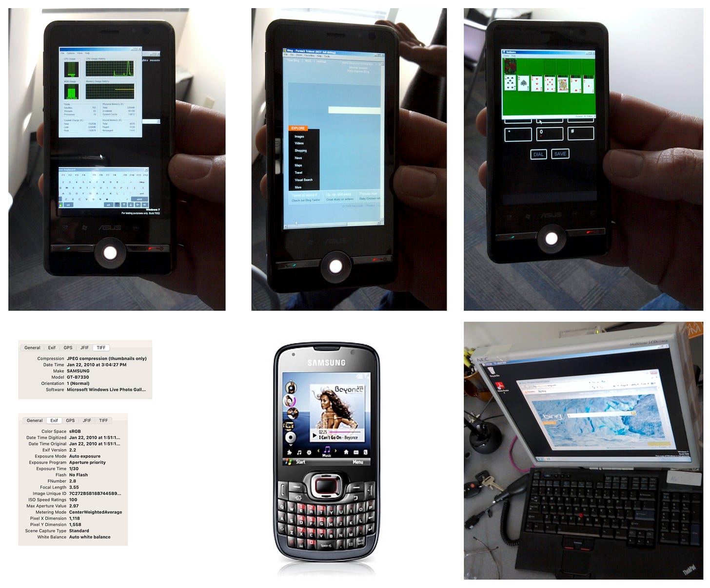 This is a collage of 6 images. The first three are photos of a hand holding an ASUS phone running Windows 7 ported to ARM. Then there is an image the full Windows 7 desktop and Internet Explorer running on basically a motherboard. Then there is an image of the Samsung phone and associated metadata from those photos.