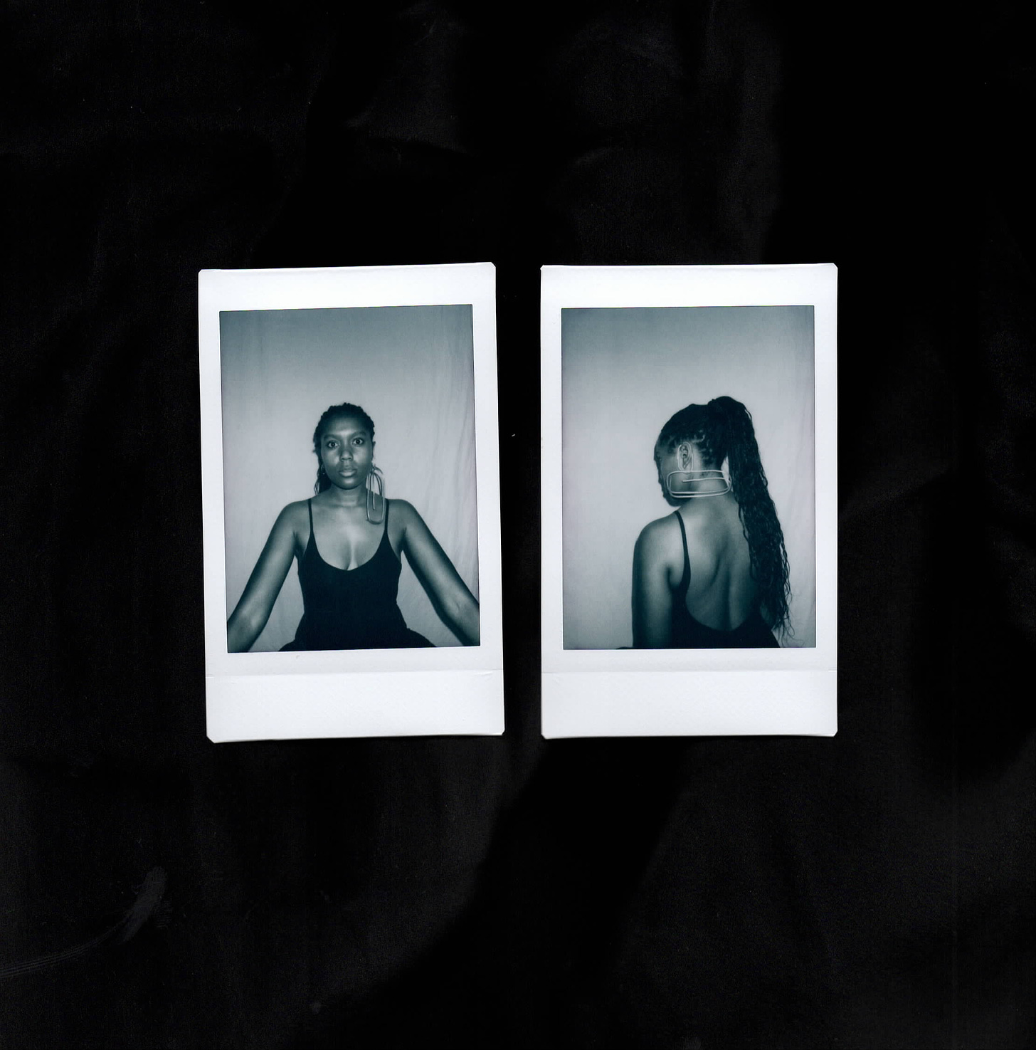 A set of black and white instax mini portraits on a black background. I am wearing long black box braids pulled into a high ponytail and a black spaghetti strap bodysuit.