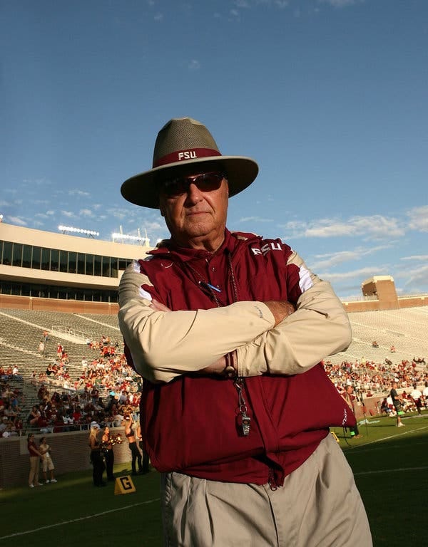 Bobby Bowden, the Florida State head coach, in 2008. His 377 victories, 129 losses and four ties placed him No. 2 in career coaching wins.