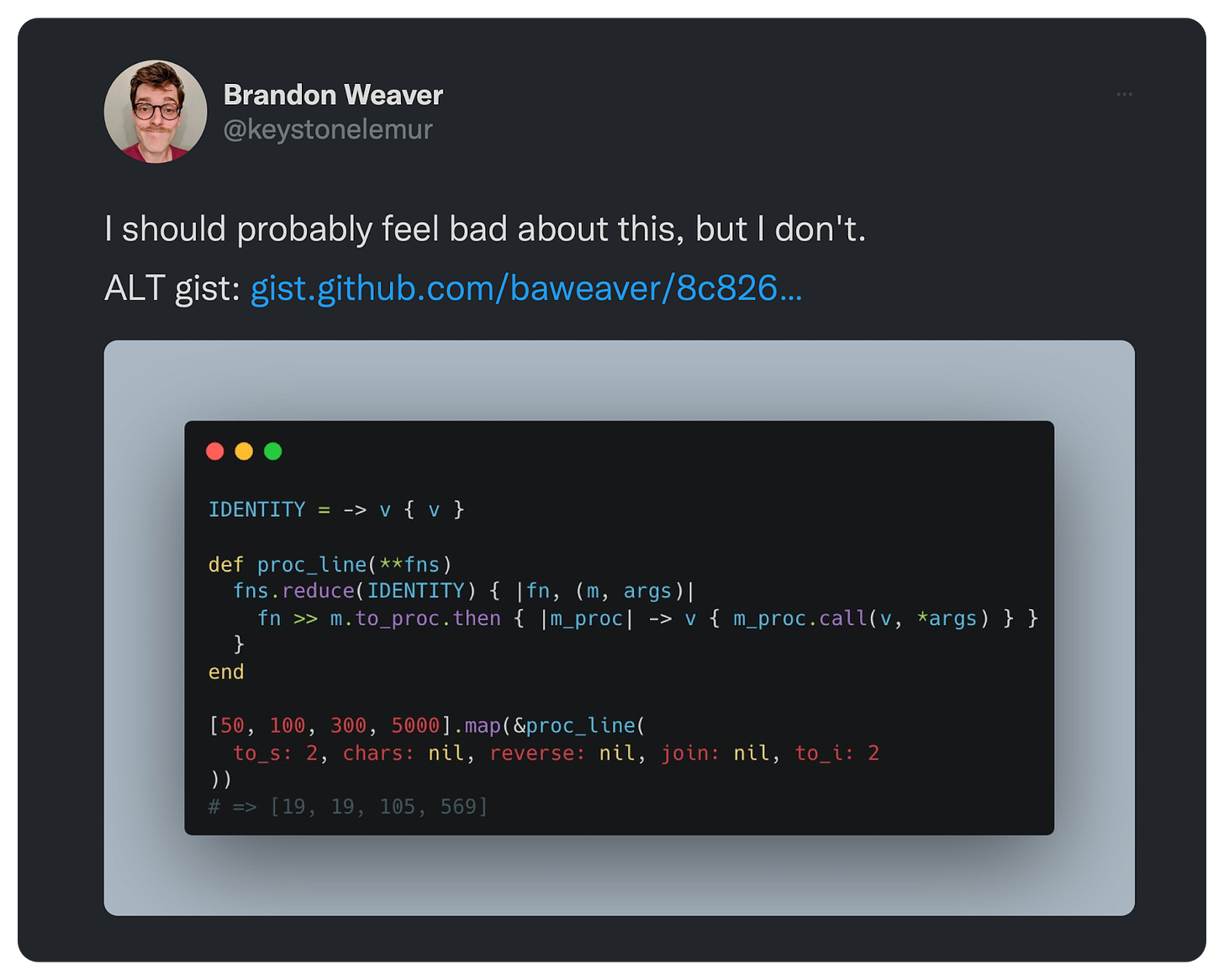 I should probably feel bad about this, but I don't. ALT gist: https://gist.github.com/baweaver/8c82642be77f99c943ea474751f64e05