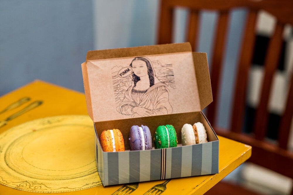 A sample of macarons at Amélie’s Bakery. Left to right: spiced pumpkin (from the autumn seasonal menu), lavender lemon, pistachio, and caramel popcorn (from the autumn seasonal menu). YUMM.