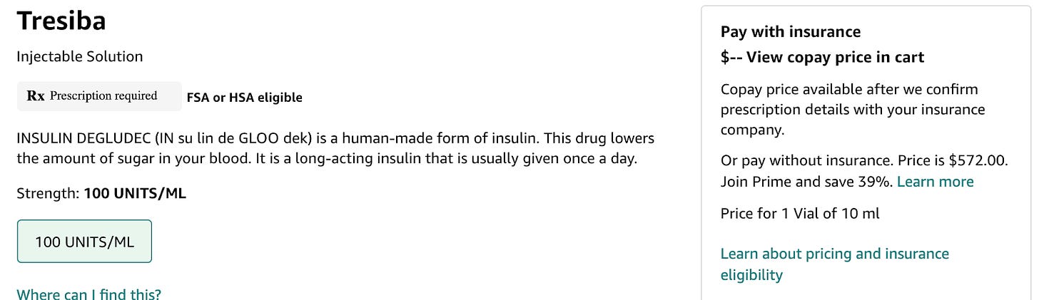 Screenshot from Amazon Pharmacy of Tresiba 10 ml vial pricing info.