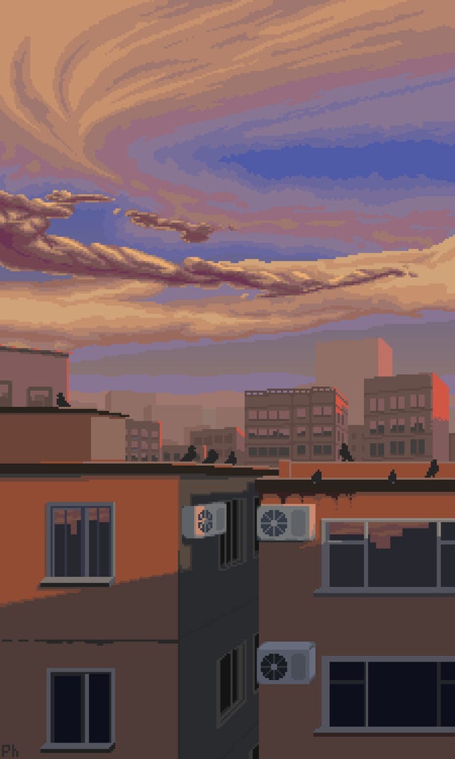 r/PixelArt - First post in the community :) a cityscape