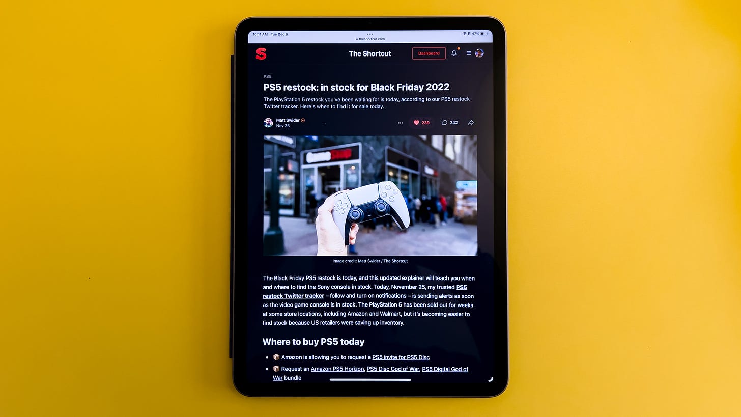 An iPad Pro on a yellow surface visits theshortcut.com