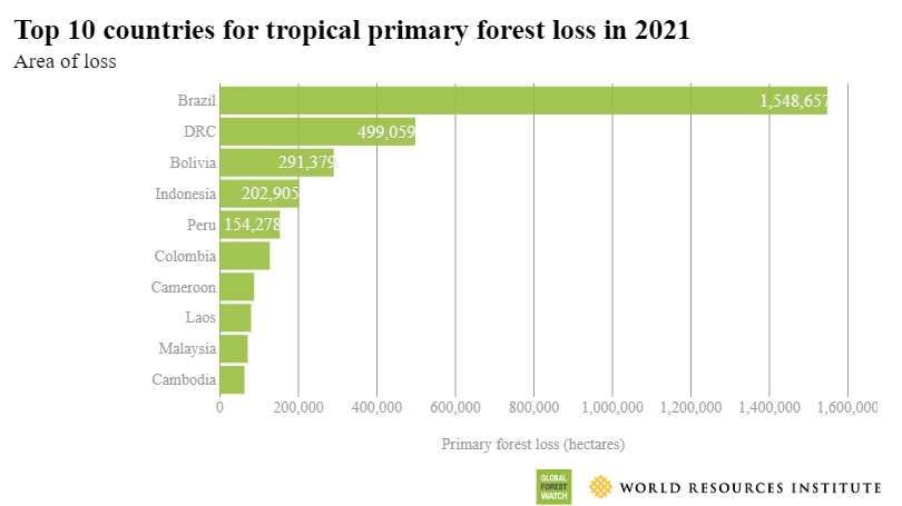 A horizontal bar chart showing the top 10 countries for tropical primary forest loss in 2021. Brazil dominates the chart, with over 1.5m hectares lost, whilst the second largest, the DRC, comes in at just under half a million hectares. Overall, the chart looks like an exponential curve, with the majority of forest loss concentrated in just a few countries.
