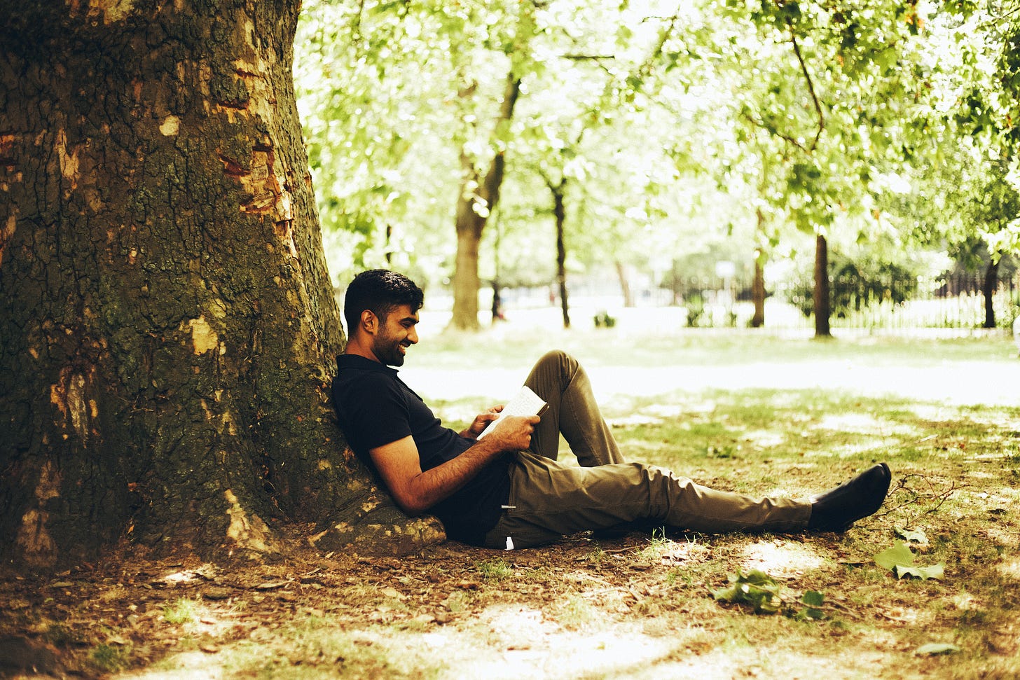 A man sitting under a tree in a park while reading a book.