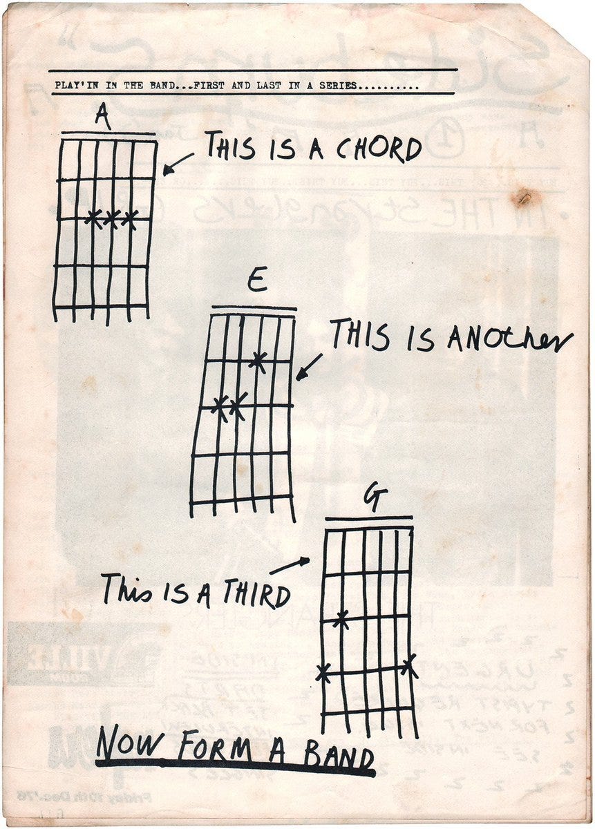 “This is a chord. This is another. This is a third. Now form a band.”
““There’s an illustration from a fanzine called Sideburn #1, which was a drawing made by Tony Moon just to fill the space. It’s a drawing of three guitar chords and it says, ‘now...