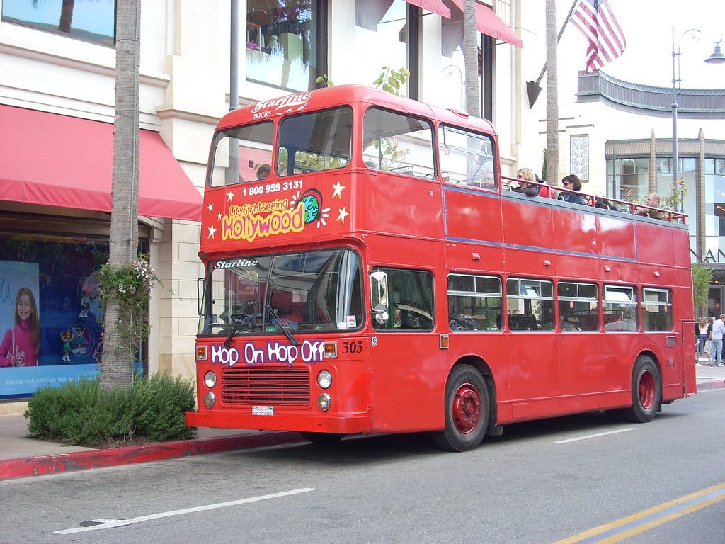 Double-decker tour bus at The Grove, Los Angeles
