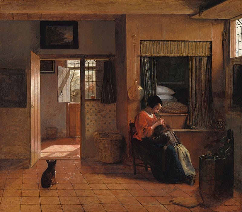A Mother's Duty by Pieter de Hooch shows a woman delousing her child's hair in front of a raised box bed that can be climbed into from the chest below it.