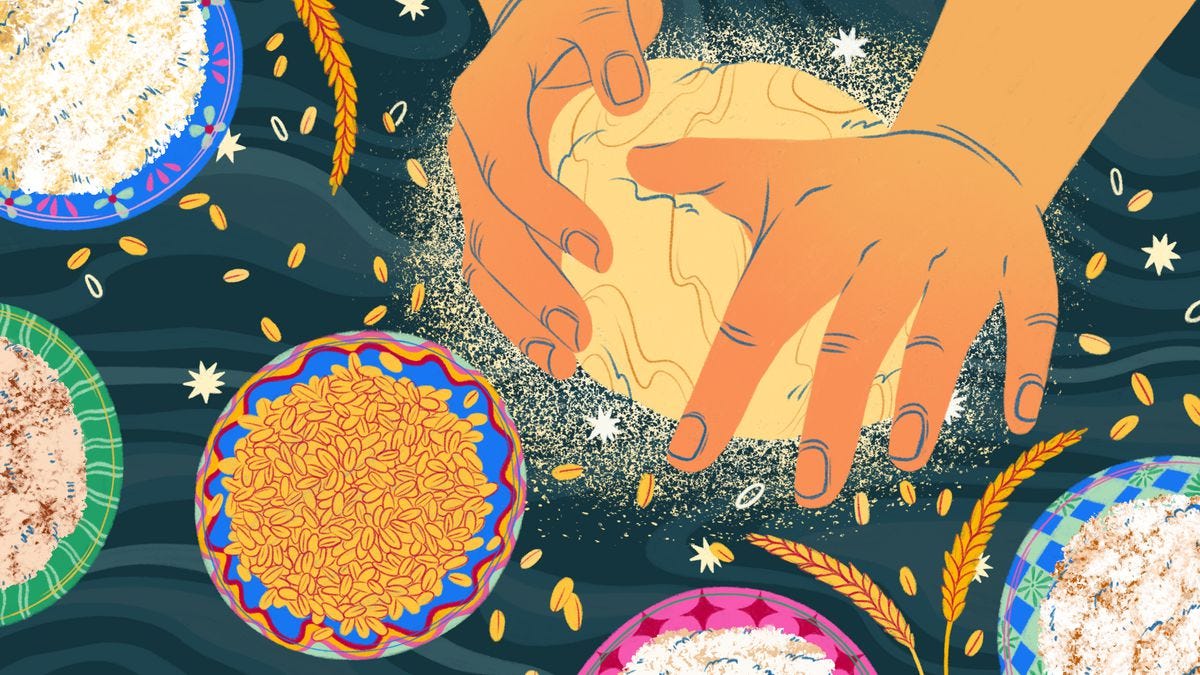 Illustration of hands kneading a ball of dough, while surrounded by bowls containing different flours.