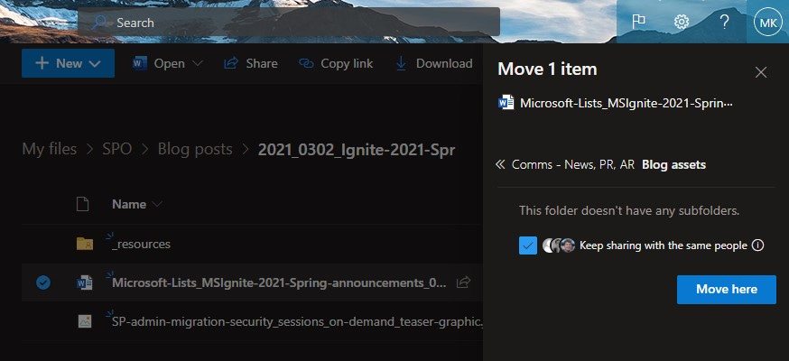 Move a document from OneDrive to a shared library in SharePoint.