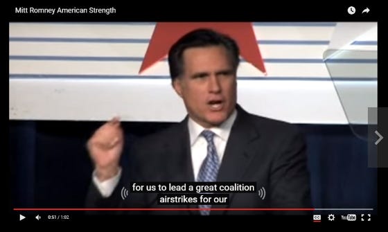 Screen shot of Mitt Romey video hosted on YouTbue with captions turned on