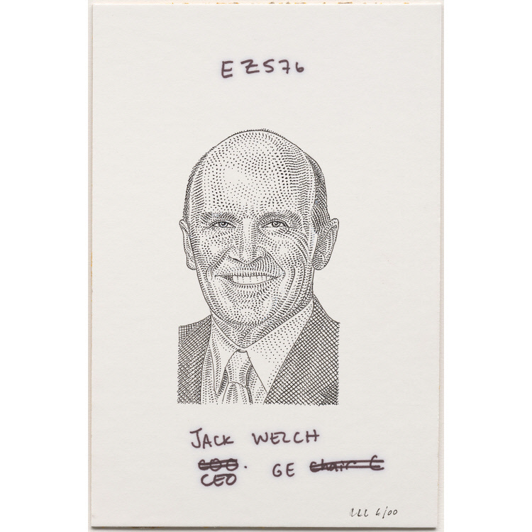 Wall Street Journal-style portrait of Jack Welch with various notes, including his changing title, in the margins.