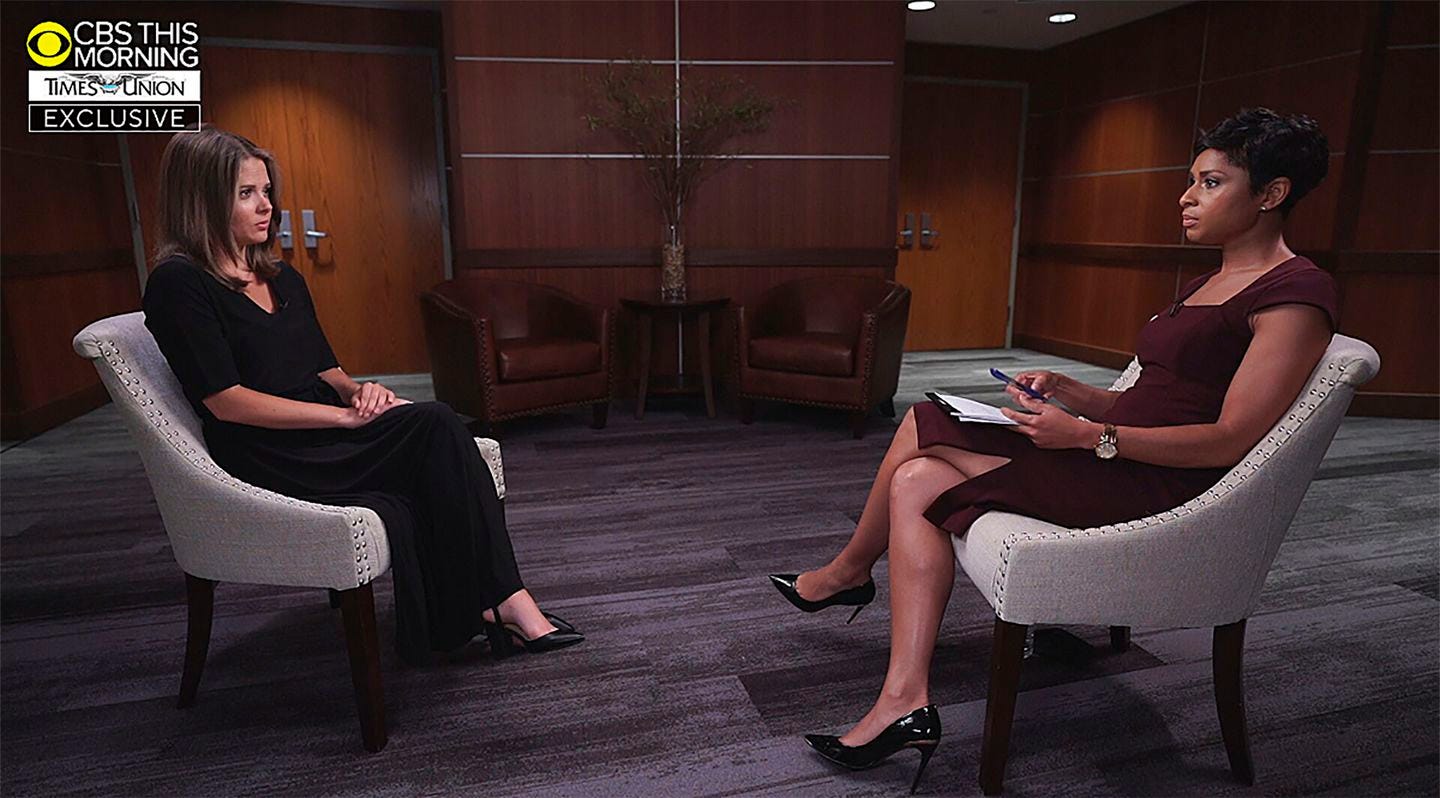 This image provided by CBS This Morning/Times Union shows Brittany Commisso, left, answering questions during an interview with CBS correspondent Jericka Duncan on CBS This Morning, Sunday, in New York.