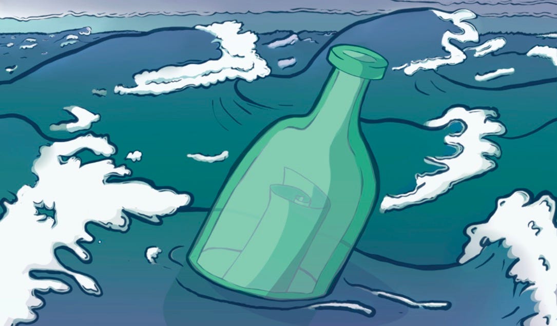 an illustration of a green bottle with a message inside, floating on a stormy sea