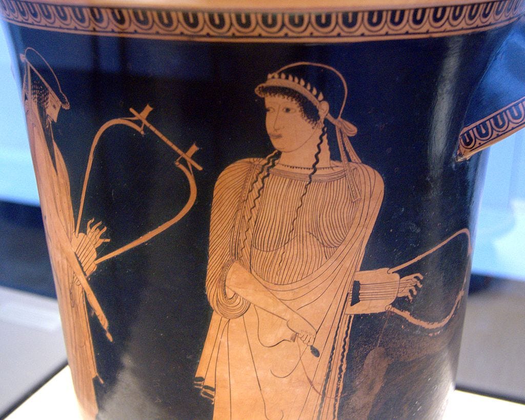 Red-figure vase painting of a woman holding a lyre. On the left, a bearded man with a lyre is partially visible.