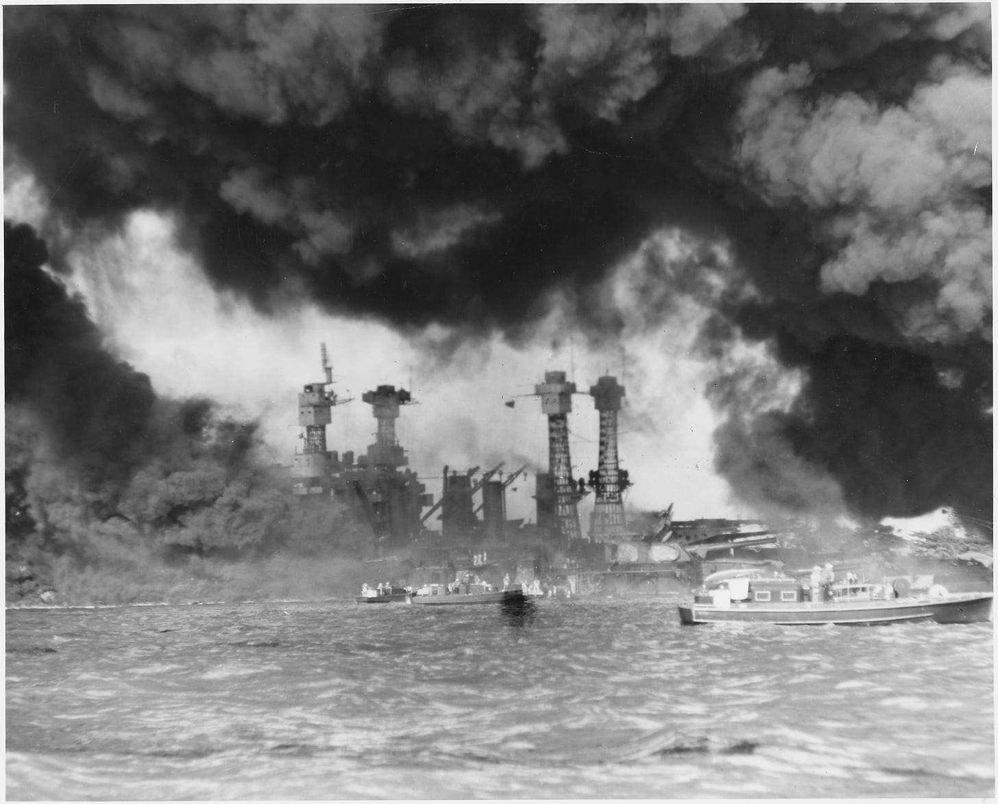 USS West Virginia, engulfed in flames