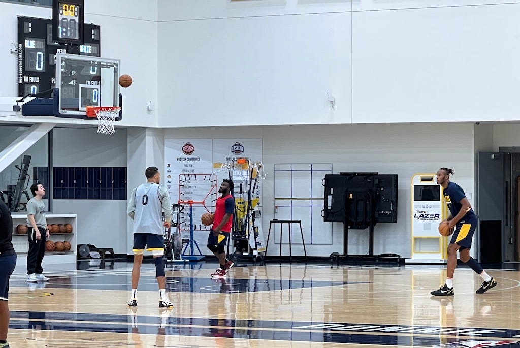 Tyrese Haliburton and Myles Turner shooting together after practice on Tuesday.