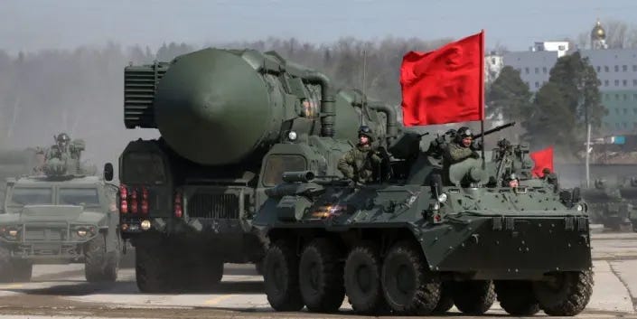A RS-24 Yars intercontinental ballistic missile vehicle during the rehearsals for the Victory Day Military Parade at the polygon, on April 18, 2022 in Alabino, outside of Moscow, Russia