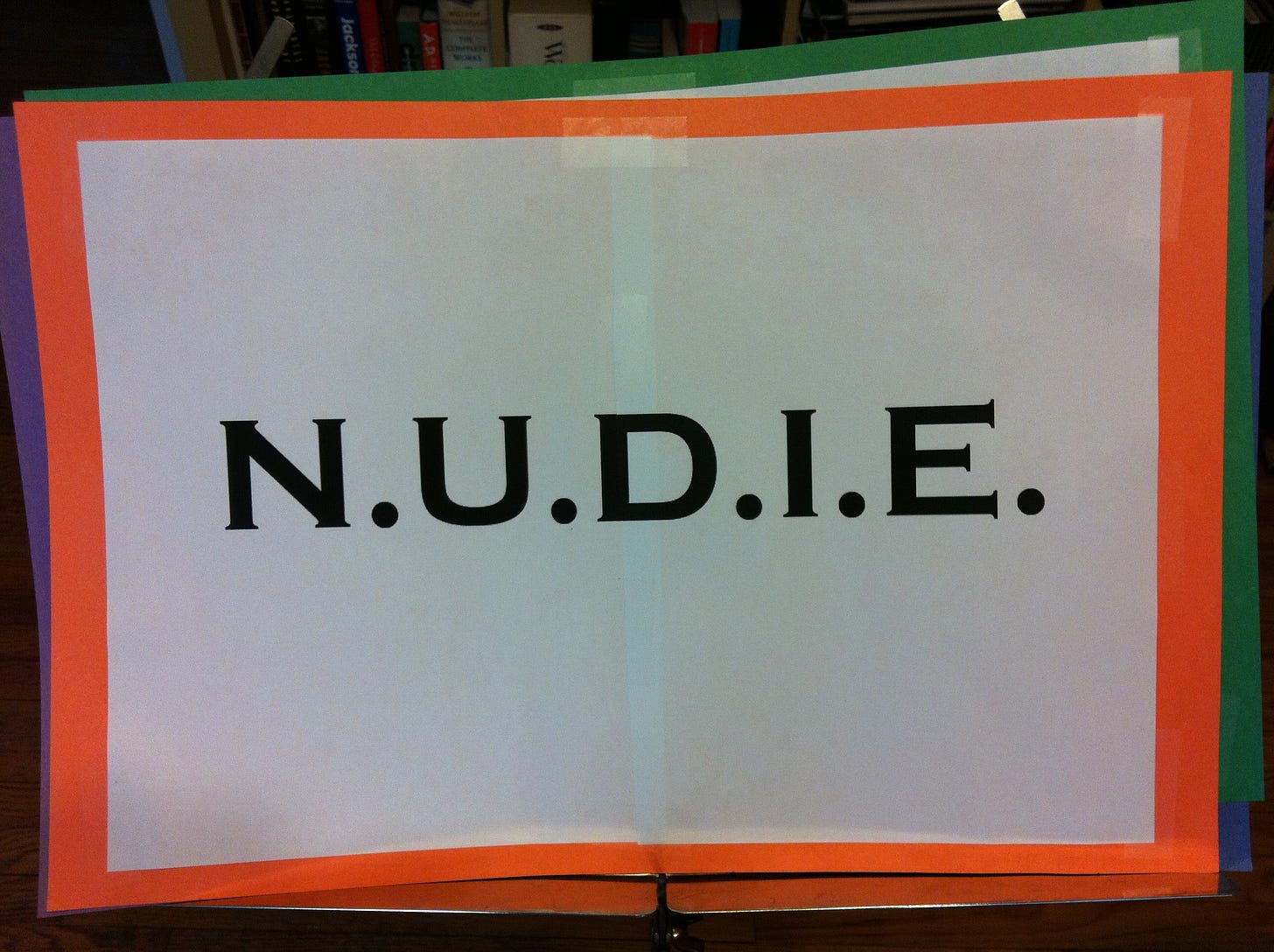 A sign mounted on orange construction paper reads: "N.U.D.I.E."