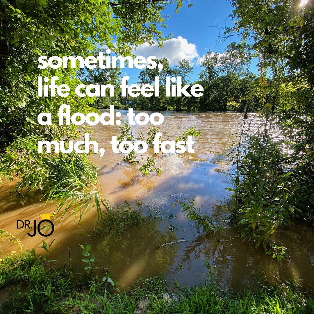 Dr. Jo: image depicts flooded river: caption says, "sometimes, life can feel like a flood: too much, too fast"