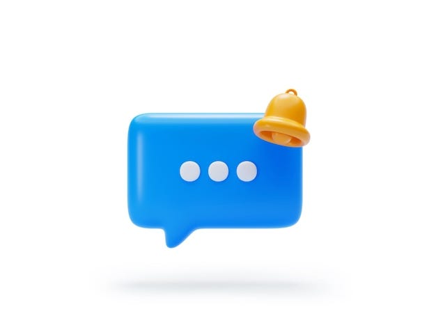 Chat message blue speech bubble icon with bell notification alert notice reminder symbol conversation button icon or symbol background 3d illustration