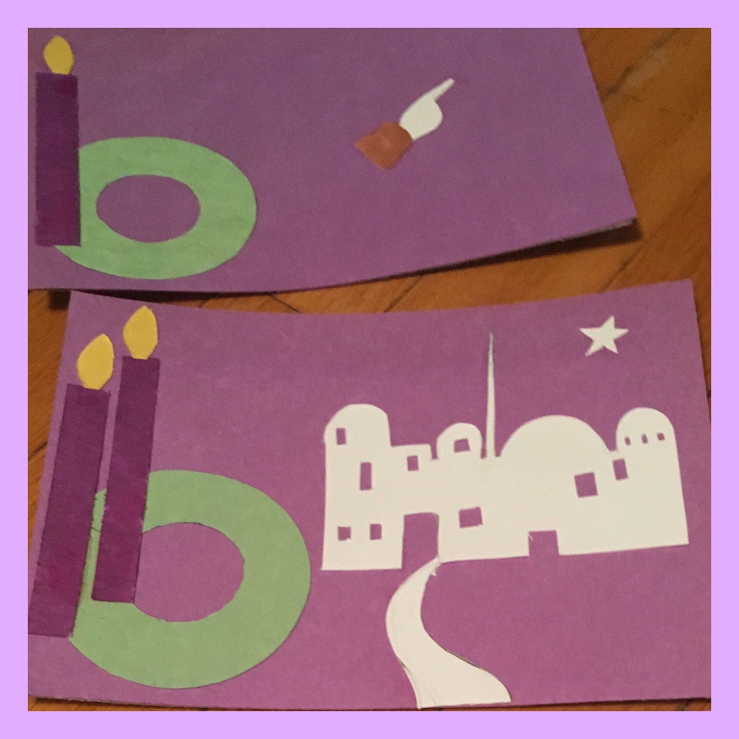 The first two cards of the Godly Play Advent story, featuring a pointing hand and the city of Bethlehem, and the first two candles on an advent wreath.