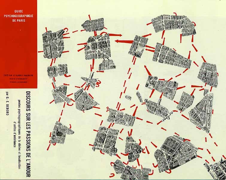 A drawing of urban maps that are separated from one another with red dashed lines connecting some.