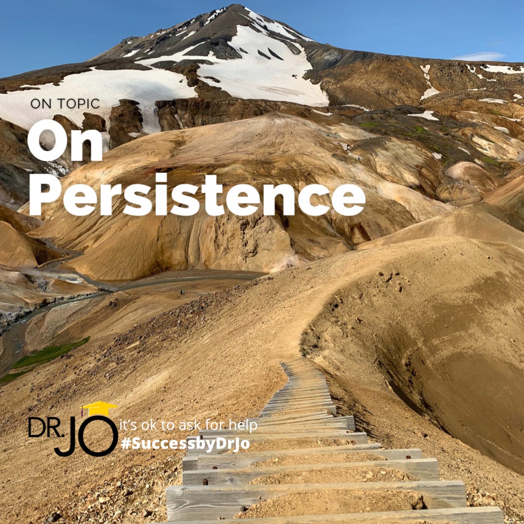 View of Landmannalaugar mountain range in Iceland. Text says: On Persistence
